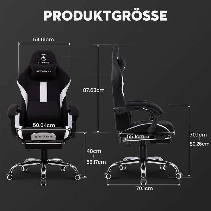 GTPLAYER Gaming-Stuhl Ergonomischer Gaming Sessel Schreibtischstuhl Gamer Stuhl aus Stoff, Federsitzkissen mit Fußstütze – Bild 3