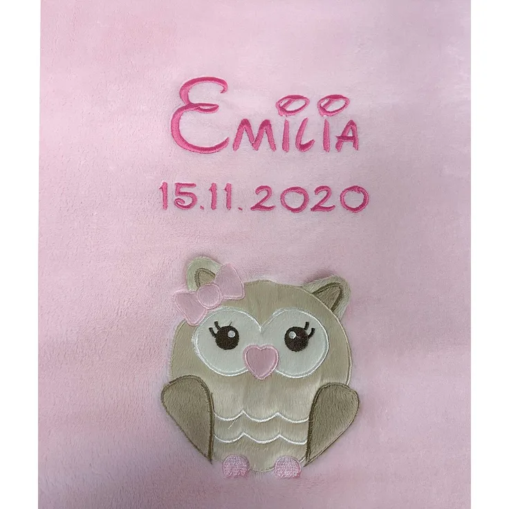 KIDDI-MEDIA Babydecke mit Name und Geburtsdatum Bestickt/kuschelig weich / 1A Qualität (Rosa - Eule)