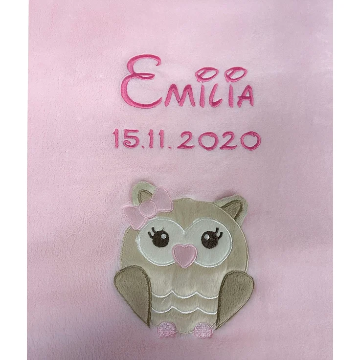 KIDDI-MEDIA Babydecke mit Name und Geburtsdatum Bestickt/kuschelig weich / 1A Qualität (Rosa - Eule)