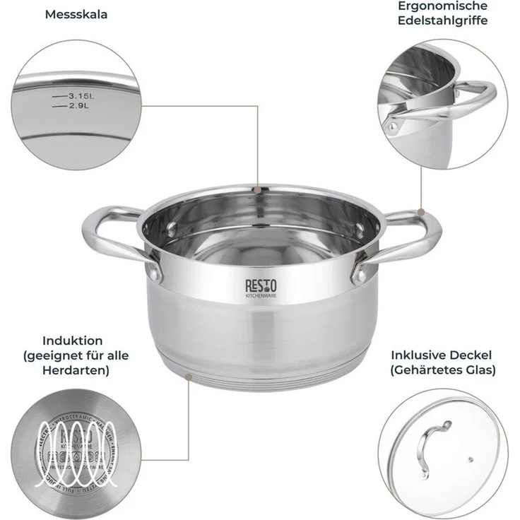 RESTO Kitchenware Kochtopf Rigel, Topf spülmaschinenfest, Edelstahl 18/10 (2-tlg), mit hitzebeständigem Glasdeckel, im Geschenkkarton – Bild 4