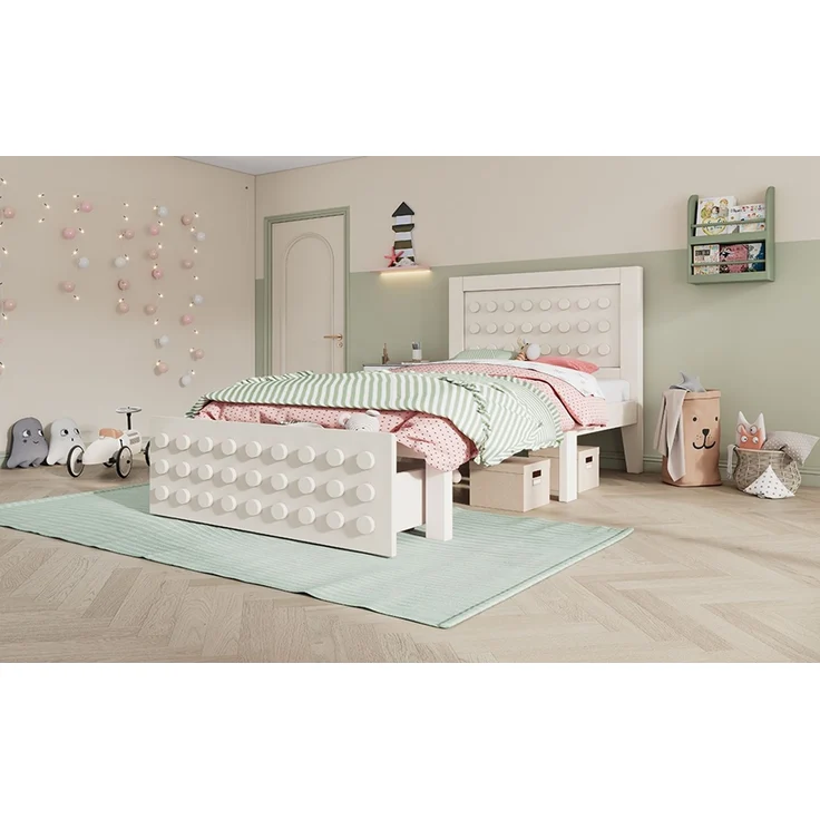 Holzbett 90x200 cm mit Lattenrost & Schublade, 95x210x90 cm, Weiß, ohne Matratze – Bild 2