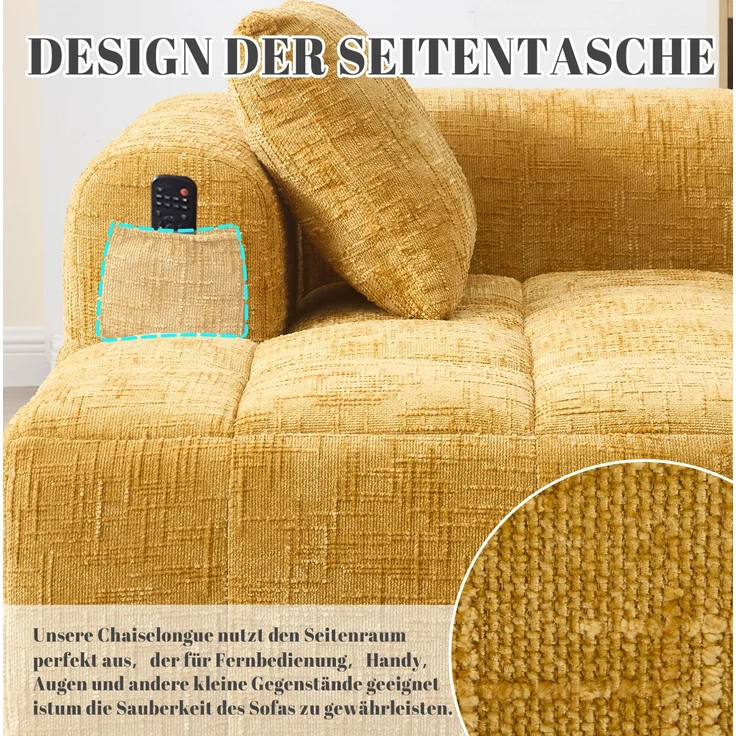 Chaiselongue-Sofa 158 x 90 x 60 cm in Gelb mit Seitentaschen und Kissen – Bild 9