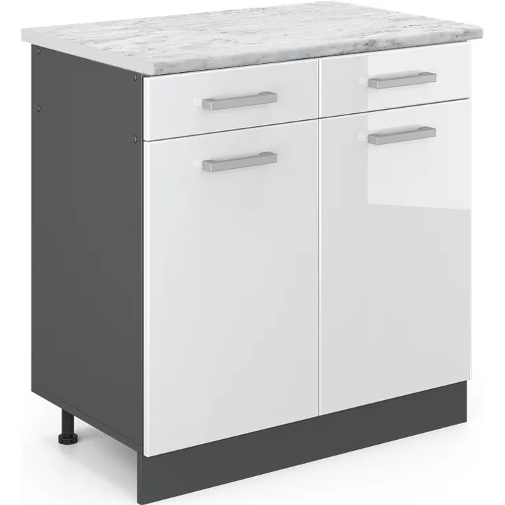 Küchenunterschrank R-Line Weiß Hochglanz 80 cm AP Marmor Vicco