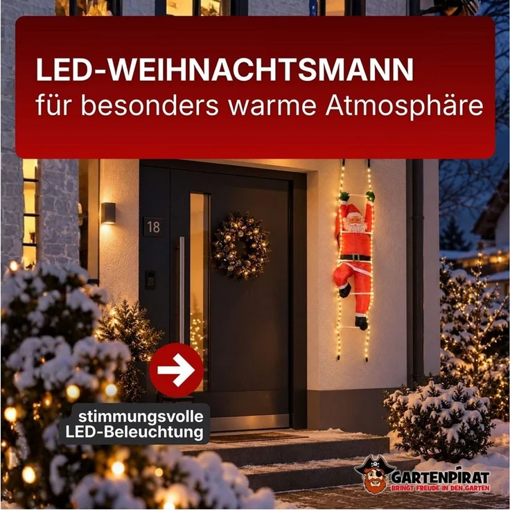 Gartenpirat Lichterkette Weihnachtsmann 120/200 cm auf Leiter mit LED beleuchtet für außen – Bild 2