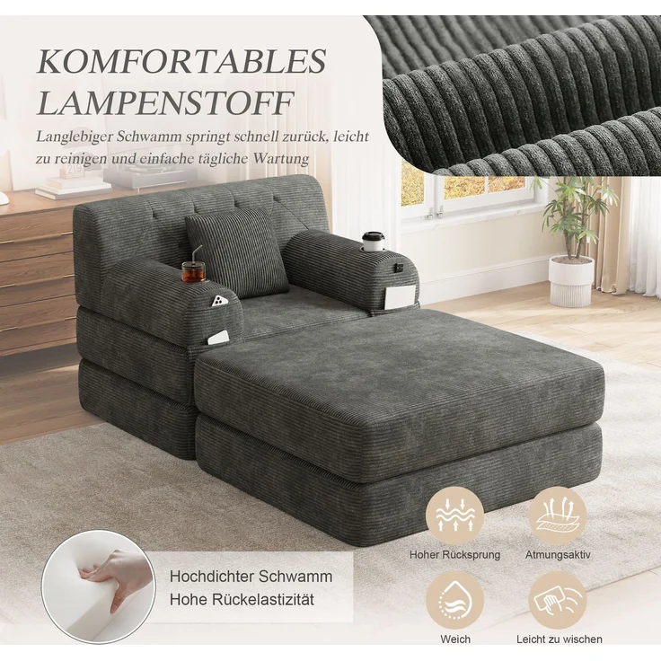ZUBALIYA Schlafsofa 162x81 cm, mit Stauraum, mit Samtbezug, mit Cordbezug, mit Knopfheftung, mit breiten Armlehnen, Dunkelgrau – Bild 6