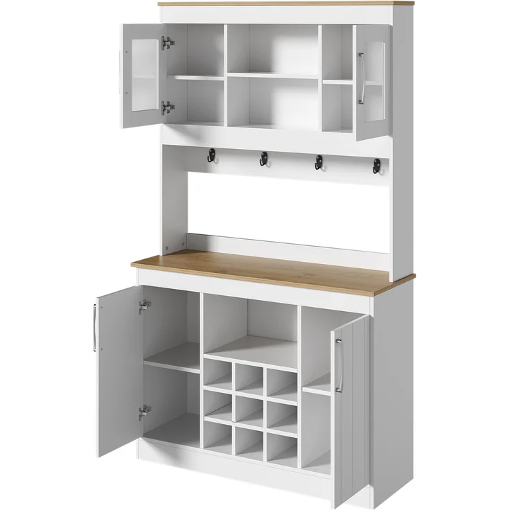 Merax 175cm Küchenbuffet Buffetschrank mit Aufsatz, Küchenschrank mit Glastüren, Weinregal und Hakenleiste, großer Geschirrschrank Vorratsschrank Küchenschrank, Weiß + Holzfarbe – Bild 9