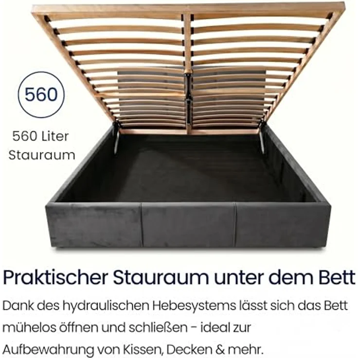 Home Collective Polsterbett Doppelbett mit Stauraum, flexibler Lattenrost mit Härtegradeinstellung, 120x200 bis 180x200 cm, samtweicher Veloursstoff in Aschgrau, in Europa hergestellt – Bild 3
