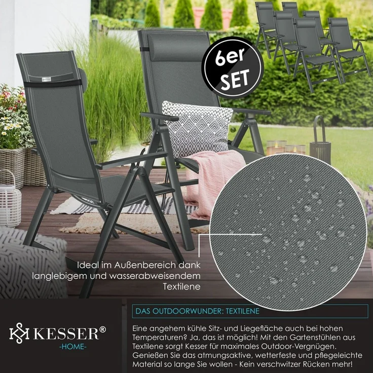 KESSER® Gartenstuhl Hochlehner mit Armlehnen | Aluminium Klappstuhl inkl. Kopfkissen Campingstuhl 7-Fach Verstellbar Rückenlehne | Atmungsaktiv & Wetterfest | Klappbar & Anti-Rutsch Anthrazit, 6 Stück – Bild 3