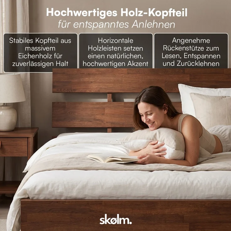skølm 'Floki' Bett 140x200 cm, Bettgestell aus Eiche, Bettkopf 2 Streben, Massivholzbett lackiert, Walnuss Optik, geeignet als Doppelbett – Bild 5