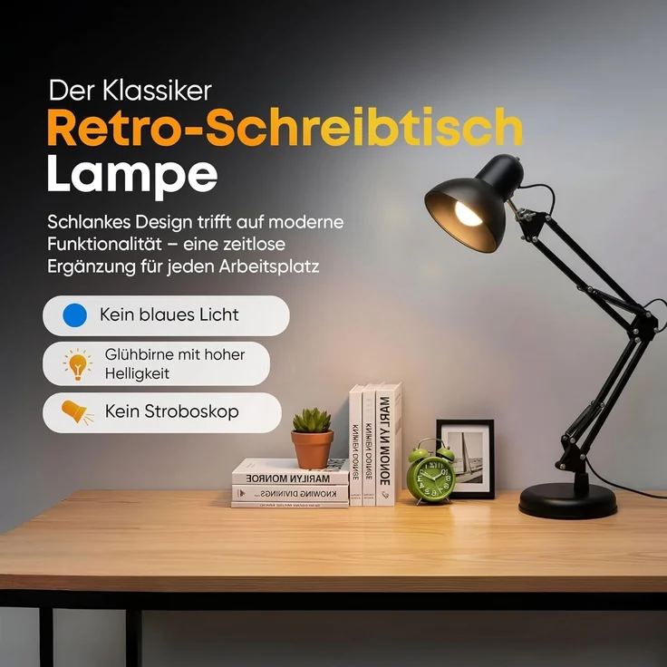 Goods+Gadgets LED Schreibtischlampe LED Schreibtischlampe mit Arm–Verstellbare Tischlampe für Büro & Home, mit Gelenk-Arm aus Metall inkl. LED Glühbirne, Arbeitslampe – Bild 2