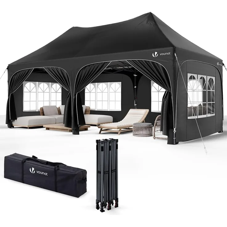 VOUNOT 3x6 m Pavillon Wasserdicht mit 6 Seitenwänden, Faltpavillon Stabil, Partyzelt Winterfest, UV-Schutz 50+, Gartenzelt Faltbar mit 6 Sandsäcken und Tragetasche, Schwarz
