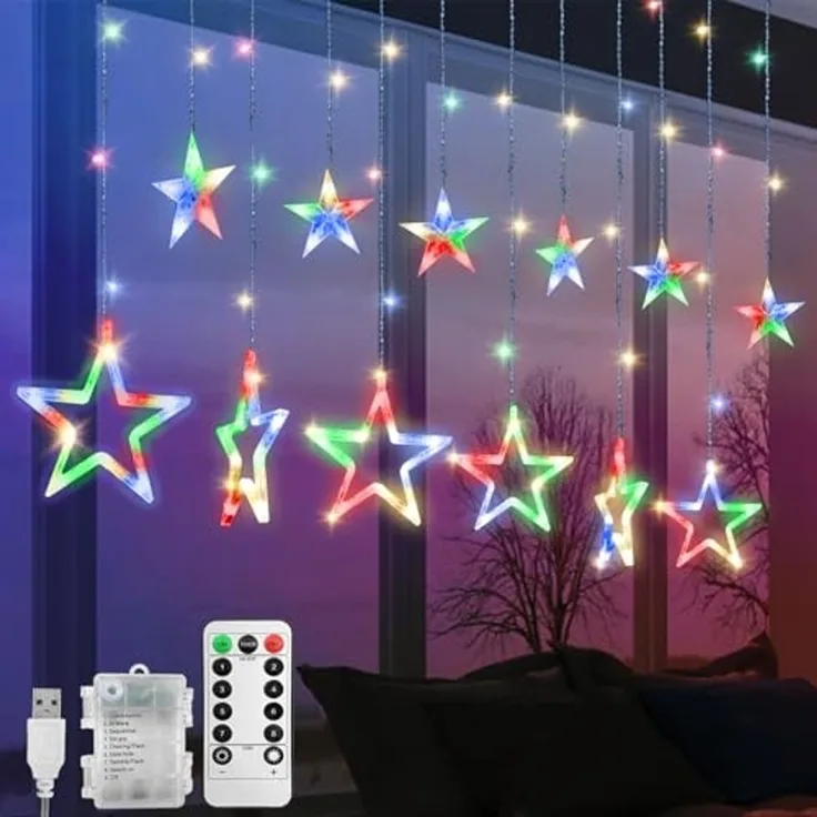 Jsdoin Lichterkette Sterne, 138 LEDs 2.5m Weihnachtslichterkette, Lichterkette Innen/Außen, Wasserdicht Weihnachtsbeleuchtung mit 12 Sterne und 8 Modi, Weihnachtsdeko Für Fenster, Balkon (A - Bunt)