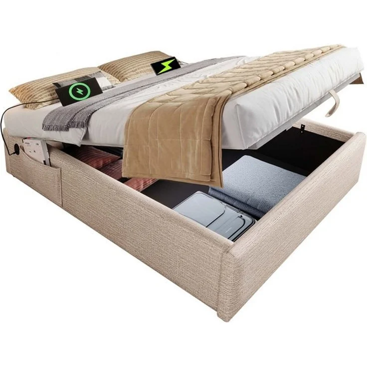 BlingBin Einzelbett Polsterbett (1-tlg, Struraumbett Bettgestell mit USB- C und Vollflächiger Lattenrost), 160×200 cm, Ohne Kopfteil, Leinen – Bild 4