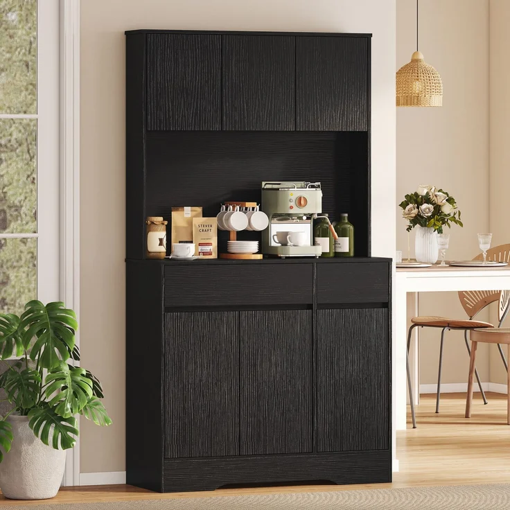 Wohnora-Buffet-Küchenschrank mit Arbeitsplatte, 6 Türen, hoher Stauraumschrank mit Regalen, Schwarz,H 1800cm x T 1000cm x B 380cm – Bild 2
