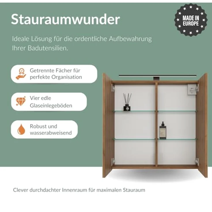 Planetmöbel ARIA Spiegelschrank Bad mit Beleuchtung 70 cm breit | Badschrank hängend mit Spiegel | Gold Eiche, mit Leuchte und Steckdose, Spiegelschrank Gäste WC 70 x 70 x 16 cm – Bild 5