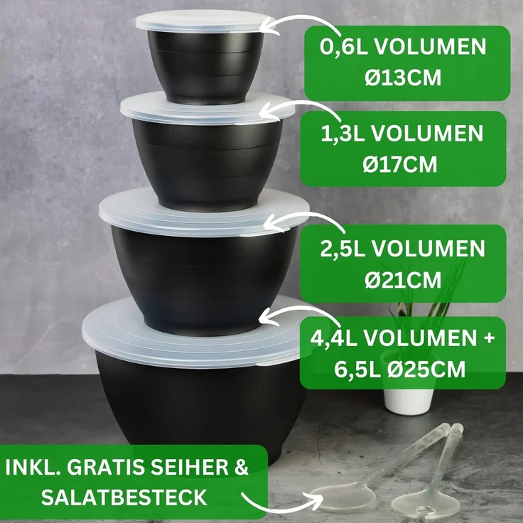 Thiru Salatschüssel 6 Teilig 0,6L/1,3L/2,5L/4,4L - mit Deckel, Seiher, Salatbesteck, (8-tlg), Spülmaschinenfest – Bild 2