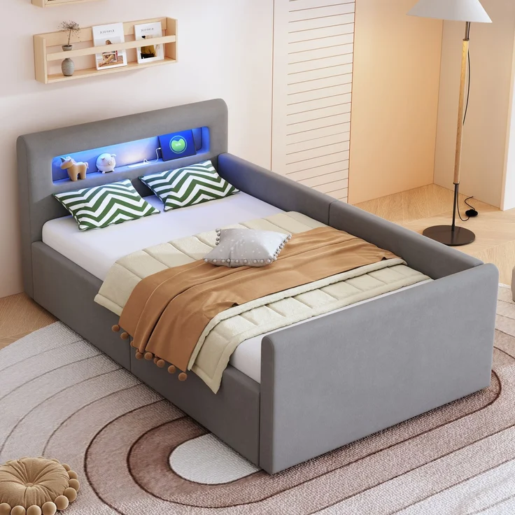 Polsterbett Kinderbett 90x200 cm mit LED, USB, Nachtlicht, hydraulischem Stauraum, Samt, Matratze nicht enthalten – Bild 2