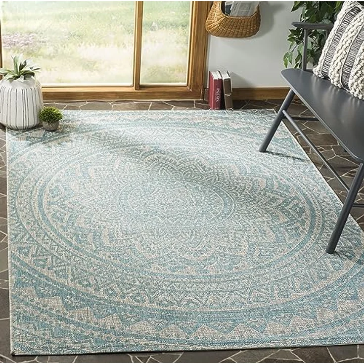 SAFAVIEH Zeitgenössische Teppich für Wohnzimmer, Esszimmer, Schlafzimmer - Courtyard Collection, Kurzer Flor, Hellgrau und Aqua, 122 X 170 cm – Bild 2