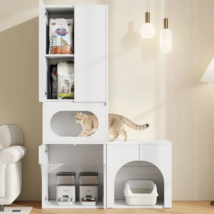 Katzentoilettenschrank, Haustierschrank, Haustier-Aufbewahrungsschrank, für 2 Katzentoiletten, mit Kratzsäule und Ruhebereich, Haustierschrank für Katzen und Hunde, weiß, 140 x 45 x 195 cm--Weiß--140x45x195cm--YOUDENOVA – Bild 5