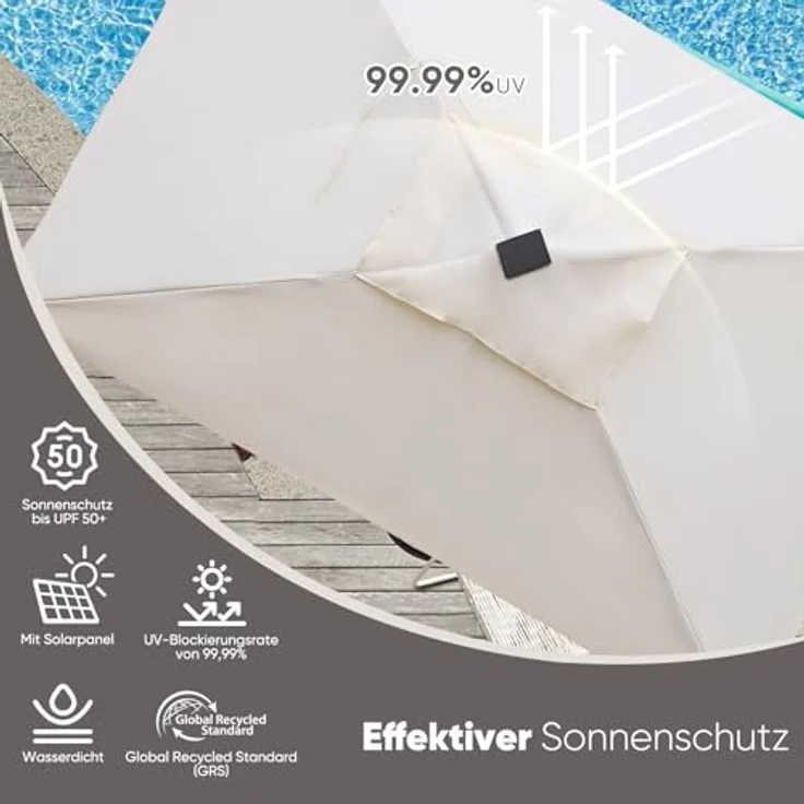 Sekey Sonnenschirm mit LED-Beleuchtung, Kurbel & UV50+, knickbar, Aluminium creme, 200 × 300 cm – Bild 7