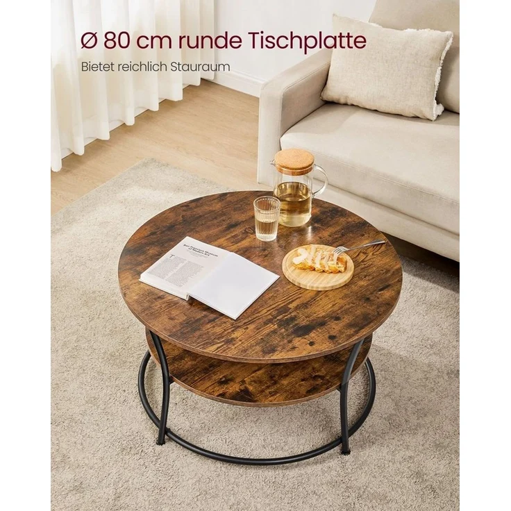 Vasagle Couchtisch rund mit Ablage, Metall/Holz Vintagebraun-schwarz, 45 x 80 x 80 cm – Bild 2