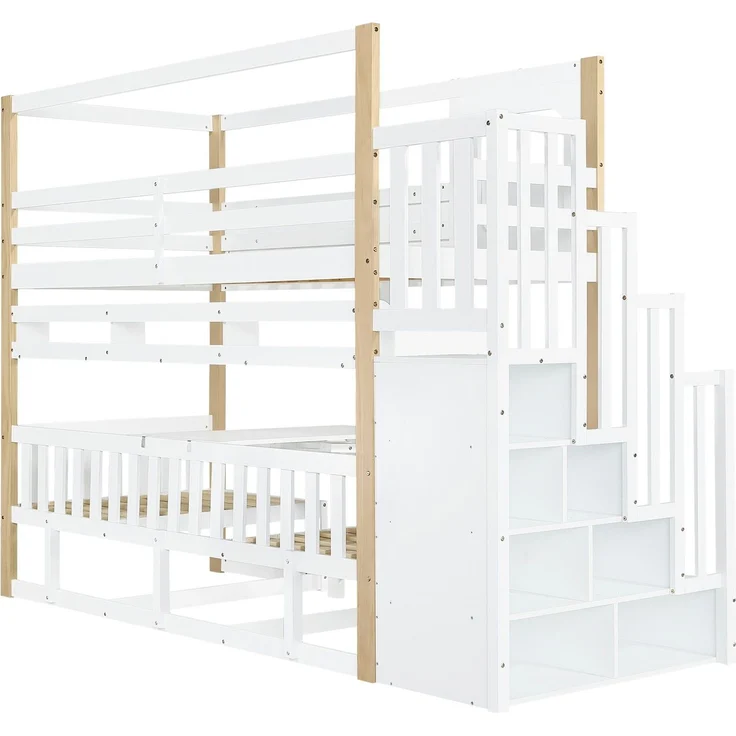 Etagenbett mit 2 Liegeflächen, Treppe, Tisch, Regalen, Rausfallschutz, 90x200cm, Liegefläche umbaubar zur Sitzgruppe, Kinderbett, Kiefer – Bild 8