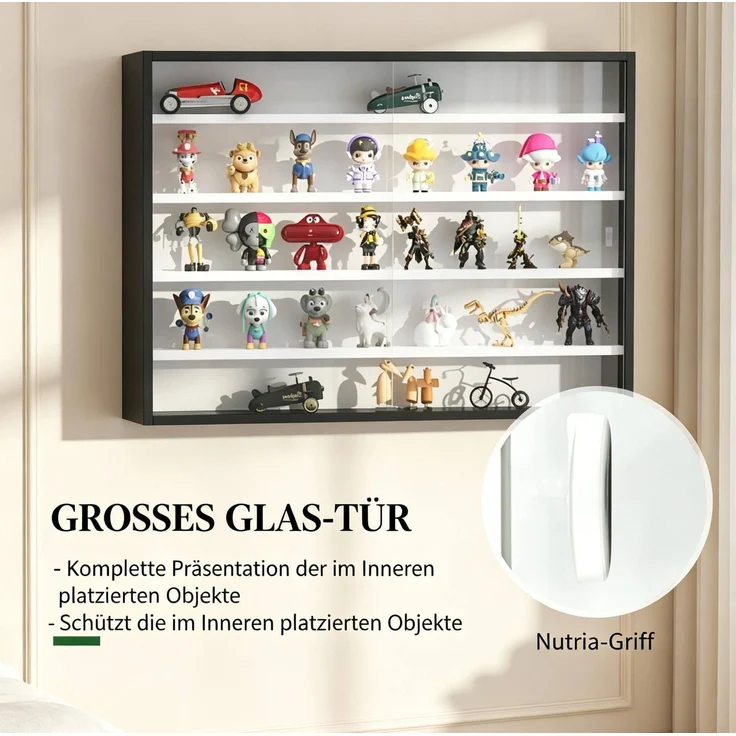 DESVIAE Regal als Wandvitrine Schwarz/Weiß aus Glas/Spanplatte – 80x60x9,5 cm – 2 Glasschiebetüren – Bild 4