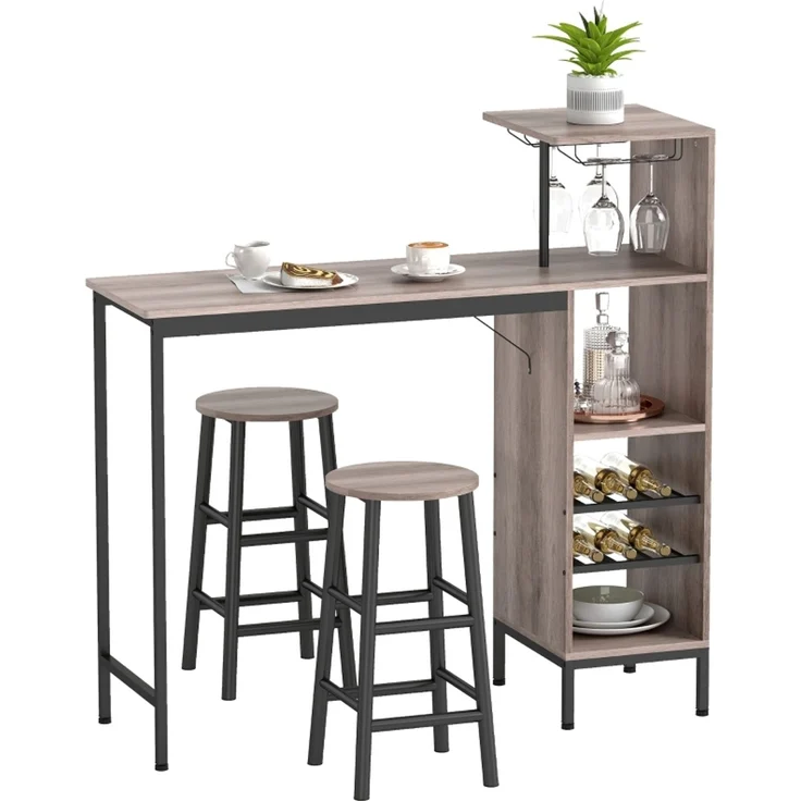 3-tlg, Bartisch-Set mit Stauraum, Weinregalen, Glashaltern, Hockern mit Fußstütze, für kleine Räume, Grau--Grau--121.5x40x122cm--YOUDENOVA – Bild 7