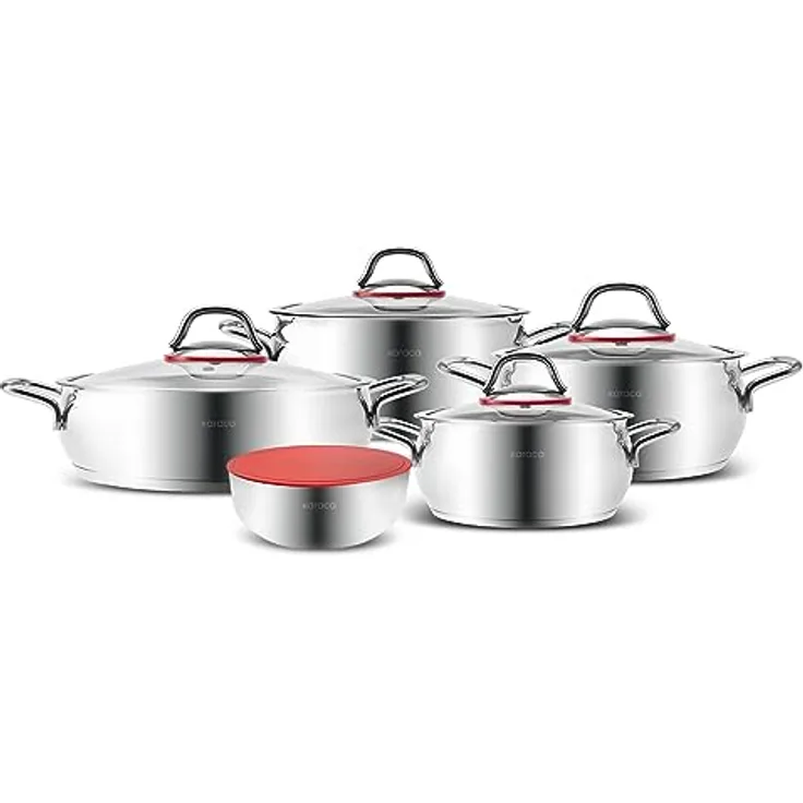 Karaca Emirgan XL 10-teiliges Kochtopfset aus 18/10 Edelstahl, induktionsgeeignet mit Glasdeckel und Behälter
