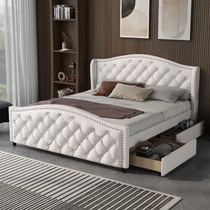 EINHOM Polsterbett 140 x 200 cm - Bett mit Lattenrost, 2 Schubladen und Kopfteil mit Zugpunktnieten – Holz & Kunstleder - Weiß – Jugendbett Gästebett, Weiß PU, (Ohne Matratze) – Bild 3