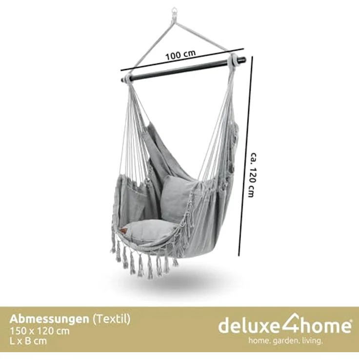 deluxe4home Hängesessel mit 2 Kissen, Bücherfach, Kuscheldecke 160x100 cm, Hellgrau/Anthrazit – Bild 6