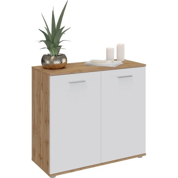 CARO-Möbel Kommode Chicago mit 2 Türen, Moderne Anrichte, Sideboard Mehrzweckschrank für Wohnzimmer in Wotan Eiche/weiß
