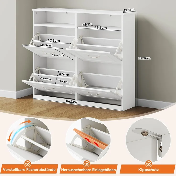 Sweetcrispy Schuhschrank mit 4 Klappen, schmaler & moderner Schuhkipper mit offenen Ablagefächern, verstellbare Trennwände, für Eingang/Flur, 104×24×90 cm, Weiß – Bild 3
