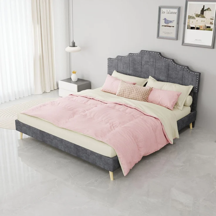 EINHOM Modernes Minimalistisches Polsterbett mit Weichem Kopfteil, 160 x 200 cm, Multifunktionale Schlafzimmermöbel, Bettgestell mit Niedrigem Kasten, ohne Gasdruckfeder, Grau, (Ohne Matratze) – Bild 1