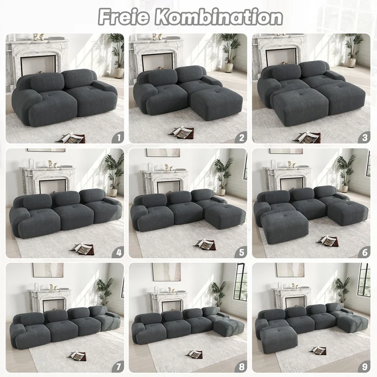 2-Sitzer Sofa 208×178×75 cm aus Cordstoff rahmenlos modular mit 1 Ottomane, grau – Bild 7