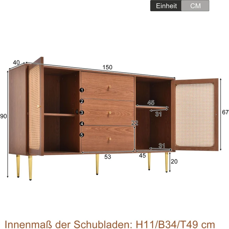 Vintage Kommode mit 3 Schubladen und verstellbarem Fachboden, Nussbaum Holzoptik, Stauraum Schrank – Bild 7