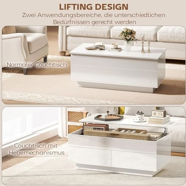 HOMCOM Couchtisch mit Hebeplatte und Schublade (Packung, 1-St, 1 Tisch), Tischplatte höhenverstellbar, Stauraum – Bild 4