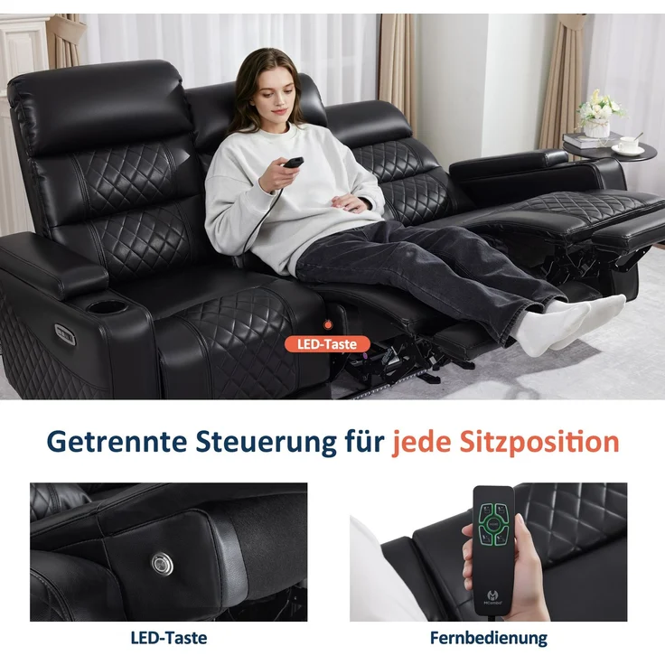 M MCombo 3 Sitzer Fernsehsessel Elektrisch Verstellbar, Zero-Gravity-Kinosessel mit LED, Verstellbare Kopfstütze, 3 Sitzer Sofa mit Schlaffunktion, 7705 (Schwarz) – Bild 6