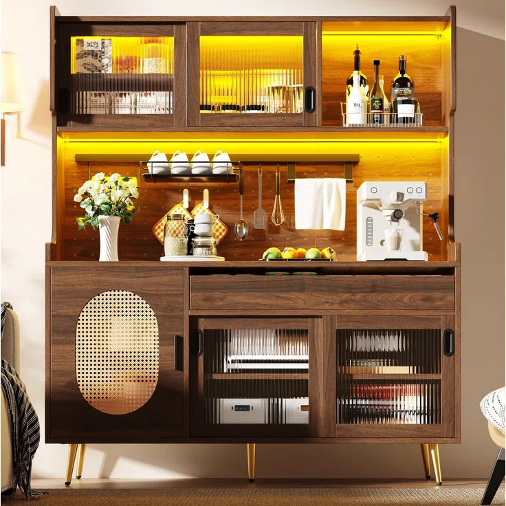 Buffetschrank 145 x 39 x 171 cm mit LED-Lichtleiste, Schubladen und Lochplatte – Braun, MDF