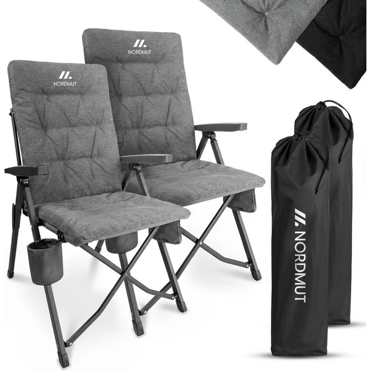 Nordmut Campingstuhl verstellbare Rückenlehne 4-fach, gepolstert, kompakt, Sitzen & Liegen (Spar-Set, 2 St), hohe Lehne, klappbar, 140kg belastbar, ergonomische Sitzform, Armlehne – Bild 1