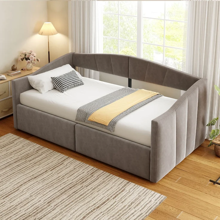 Polsterbett Sofabett 90*200 cm, Mit hydraulischer Lagerung, Mit Lattenrost und Armlehnen, Klassisch Gestreift, Multifunktionales Einzelbett, Hautfreundlicher Samtstoff, Grau – Bild 3