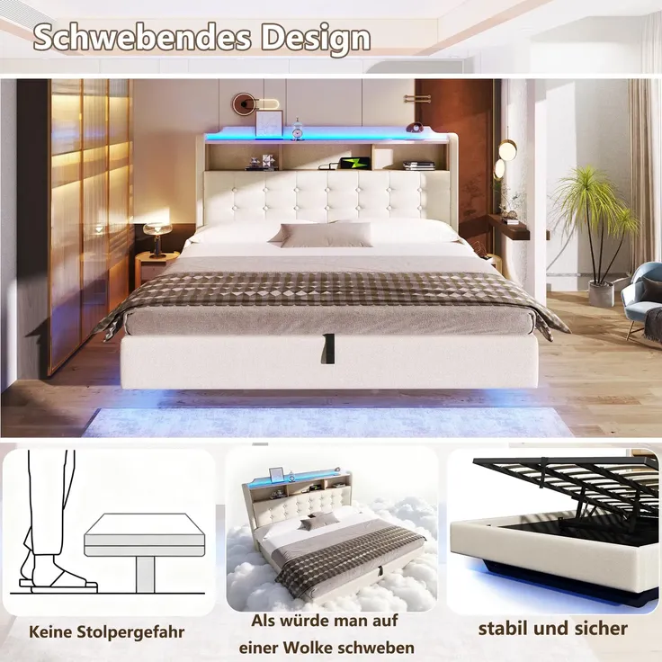 Polsterbett mit LED-Streifen, Type-C, USB und Stauraum, in schwebender Optik, gepolsterter Kopfteil, 180x200 cm, Doppelbett, Stauraumbett, Leinen – Bild 5