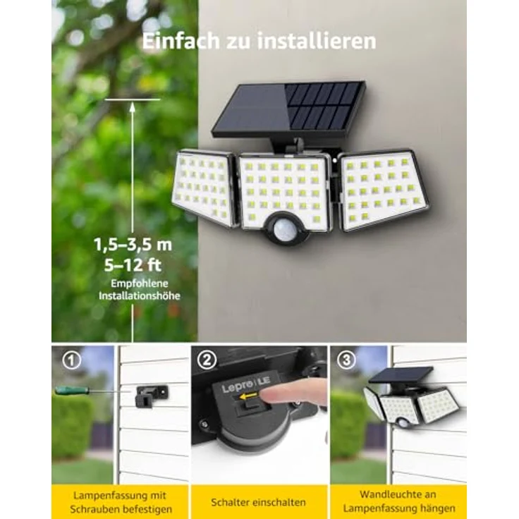 Lepro Solarlampen für Außen mit Bewegungsmelder, 360° Beleuchtungswinkel, 1000 Lumen 6W LED Solarlampen Aussen, IP65 Wasserdicht, 270°Drehbar Solar Außenleuchte für Außen Garten Balkon Garage – Bild 8