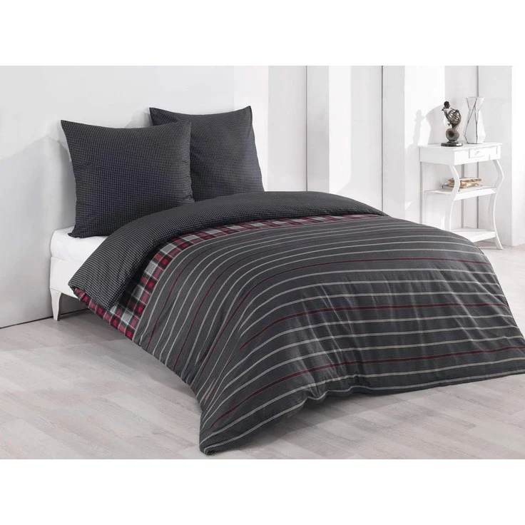Buymax Bettwäsche Bettbezug Set, Renforcé, 3 teilig, 200x200 cm 100% Baumwolle Reißverschluss gestreift Antrazit Grau Rot – Bild 1