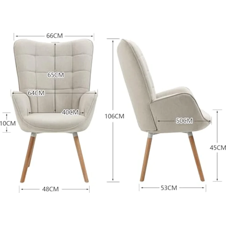 MEUBLE COSY Sessel Relaxsessel Lehnstühle Polstersessel Einzelsofa mit Holzbein Ohrensessel für Wohnzimmer Schlafzimmer Büro Vanity, Stoff, Beige – Bild 4