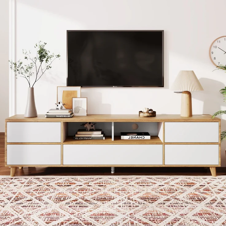 Modernes TV-Gerätemöbel - 175x37x51cm in Weiß & Holz mit praktischem Stauraum, 175 x 37 x 51 cm, Holzoptik+Weiß – Bild 3