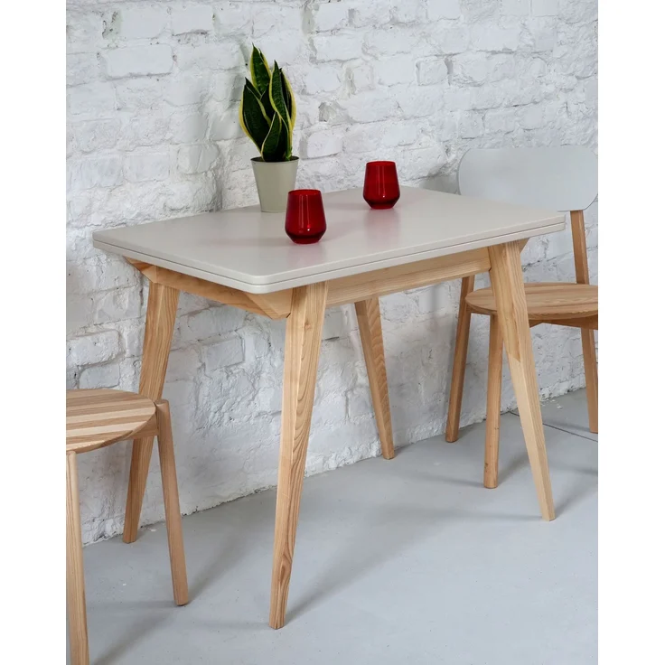 Ragaba rechteckiger ausziehbarer Tisch, MDF & Massives Eschenholz, 90x65 cm, Braun Beige – Bild 3