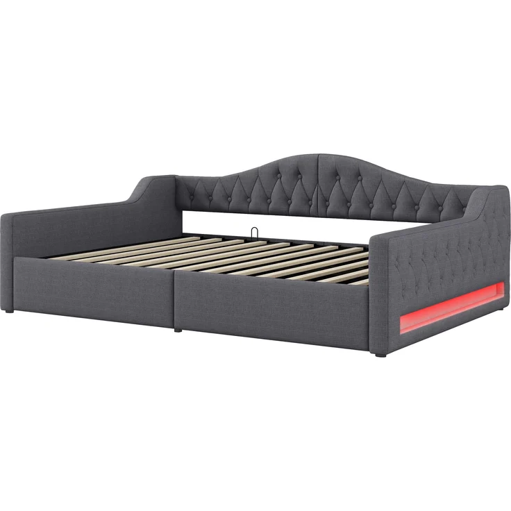 Tagesbett 140x200 cm mit LED-Beleuchtung & Stauraum, ohne Matratze, Leinen Grau – Bild 7