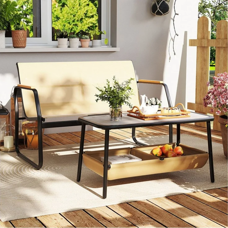 COSTWAY Balkonset, (2-tlg), 2-teilige Terrassenmöbel, Couchtisch-Set mit 2 Fächern – Bild 1
