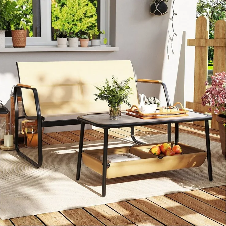 COSTWAY Balkonset, (2-tlg), 2-teilige Terrassenmöbel, Couchtisch-Set mit 2 Fächern